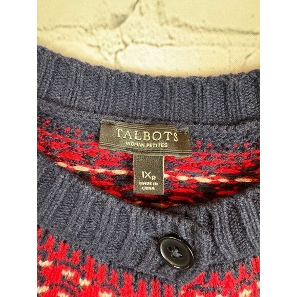 TALBOTS PETITES blue red fair isle lambswool blend knit cardigan sweater 1XP - Picture 2 of 5